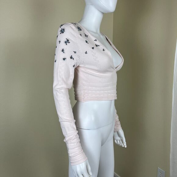 Free People Women Size M Pink Chilled Out V-Neck Crop Floral Embroidered Top - Picture 14 of 14